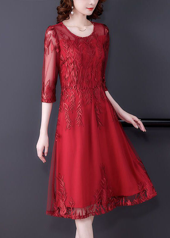 Modern Red Embroideried Slim Fit Tulle Long Dresses Vestidos Half Sleeve