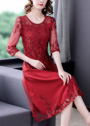 Modern Red Embroideried Slim Fit Tulle Long Dresses Vestidos Half Sleeve