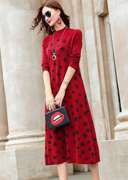 Modern Red High Neck Print Exra Large Hem Fine Knitted Long Dress Long Sleeve