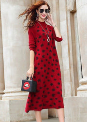 Modern Red High Neck Print Exra Large Hem Fine Knitted Long Dress Long Sleeve