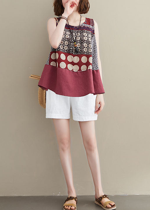 Modern Red O-Neck Patchwork Print Cotton A Line Tops Sleeveless