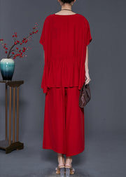Modern Red Oversized Patchwork Cotton Women Sets 2 Pieces Summer