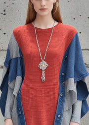 Modern Red Oversized Patchwork Knit Fake Two Piece Dress Fall