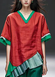 Modern Red Patchwork Fake Two Pieces T Shirt Short Sleeve