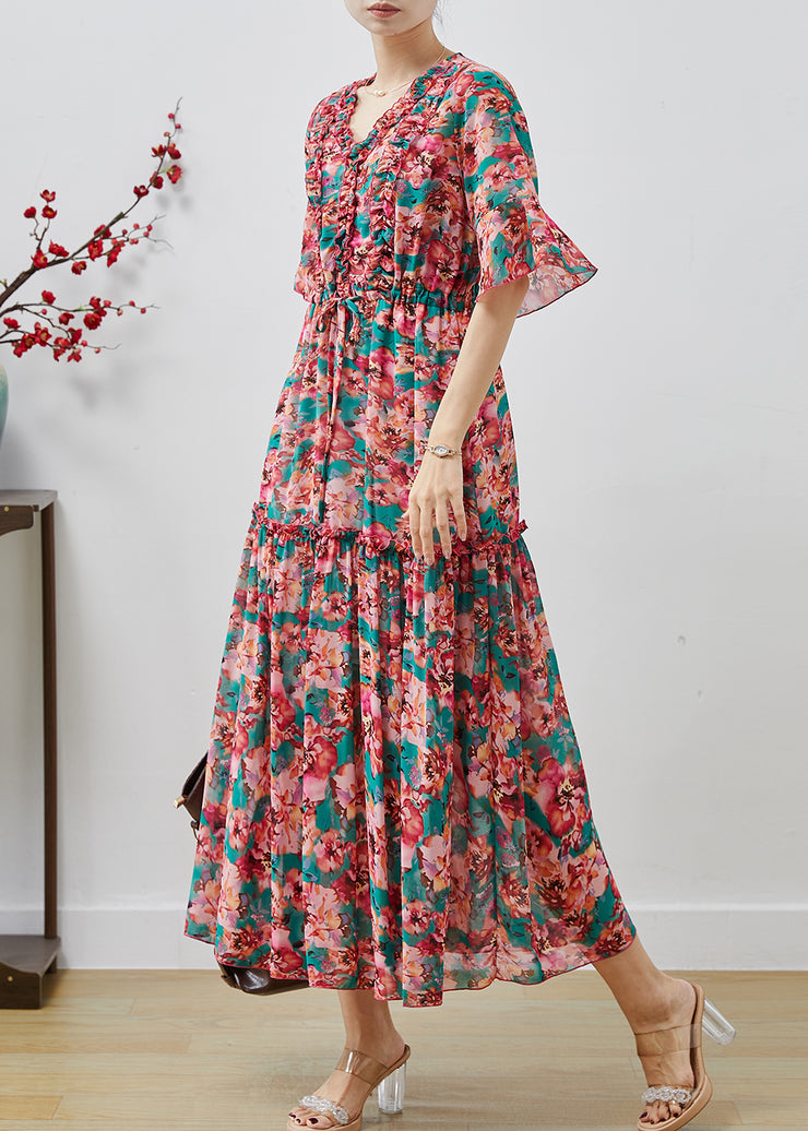 Modern Red Ruffled Print Chiffon Maxi Dresses Summer