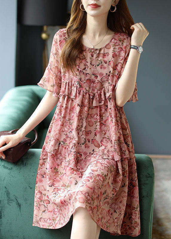 Modern Red Ruffles Print Slim Fit Chiffon Mid Dresses Summer