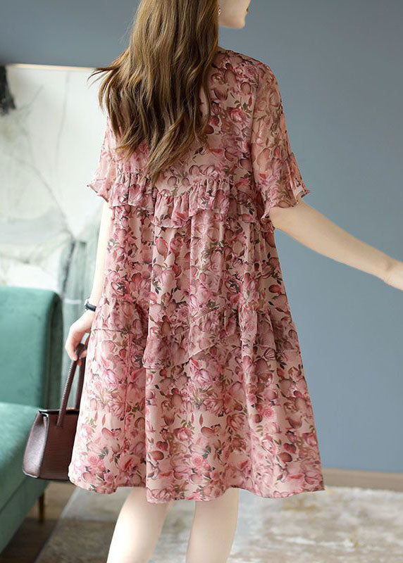 Modern Red Ruffles Print Slim Fit Chiffon Mid Dresses Summer