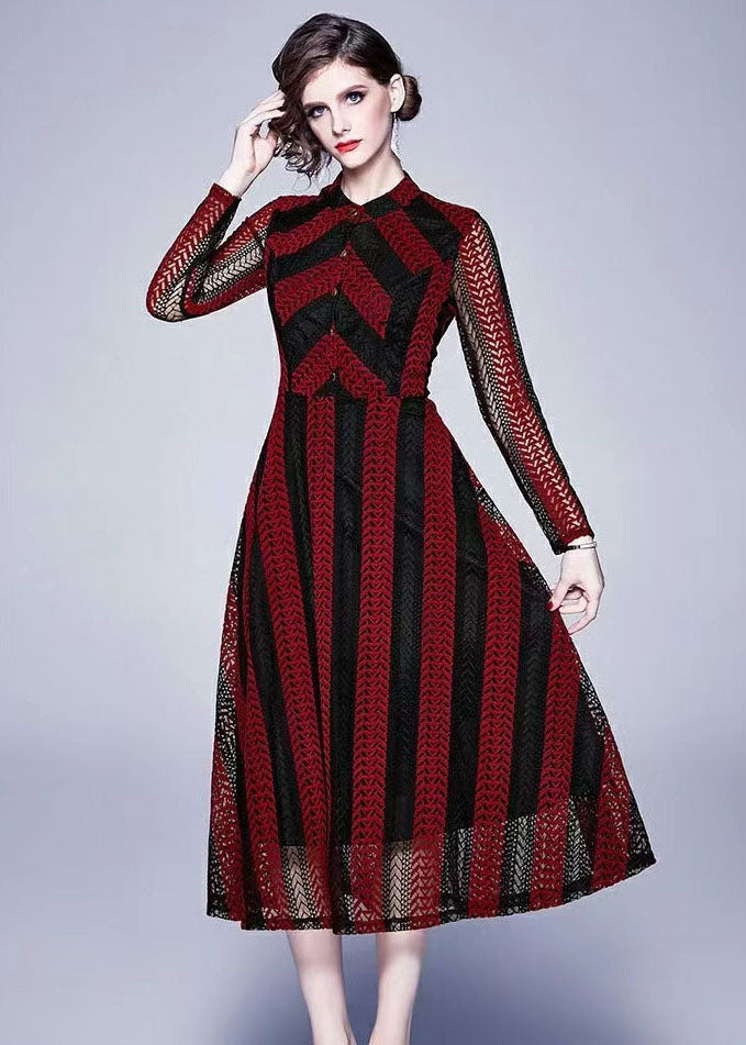 Modern Red Stand Collar Hollow Out Button Patchwork Lace Dress Summer