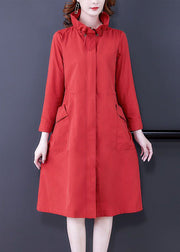 Modern Red Stand Collar Zip Up Silk Coat Outwear Long Sleeve