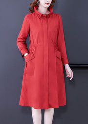 Modern Red Stand Collar Zip Up Silk Coat Outwear Long Sleeve