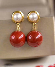 Modern Red Sterling Silver Overgild Inlaid Gem Stone Pearl Drop Earrings