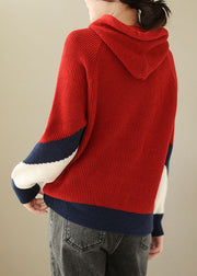 Modern Red Thick Patchwork Hooded Knit Pullover Fall