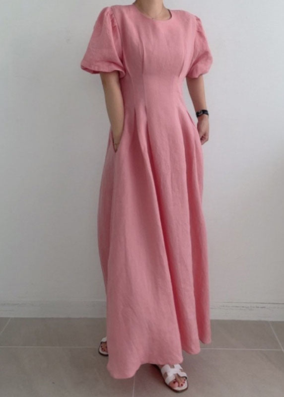 Modern Rose Cinched Wrinkled Linen Long Dress Puff Sleeve