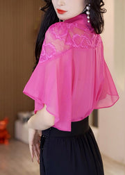 Modern Rose Peter Pan Collar Print Hollow Out Chiffon Shirts Summer