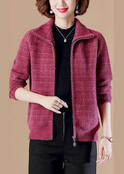 Modern Rose Peter Pan Collar Zip Up Mink Hair Knitted Jackets Long Sleeve