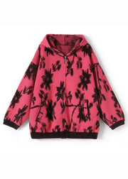 Modern Rose Print Zippered Thick Woolen Hoodies Coat Fall