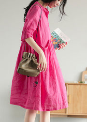 Modern Rose Stand Collar Patchwork Ramie Mid Dress Summer