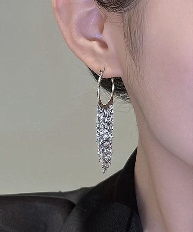 Modern Silk Copper Alloy Zircon Tassel Hoop Earrings