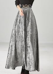 Modern Silvery Exra Large Hem Silk Velour Skirt Fall