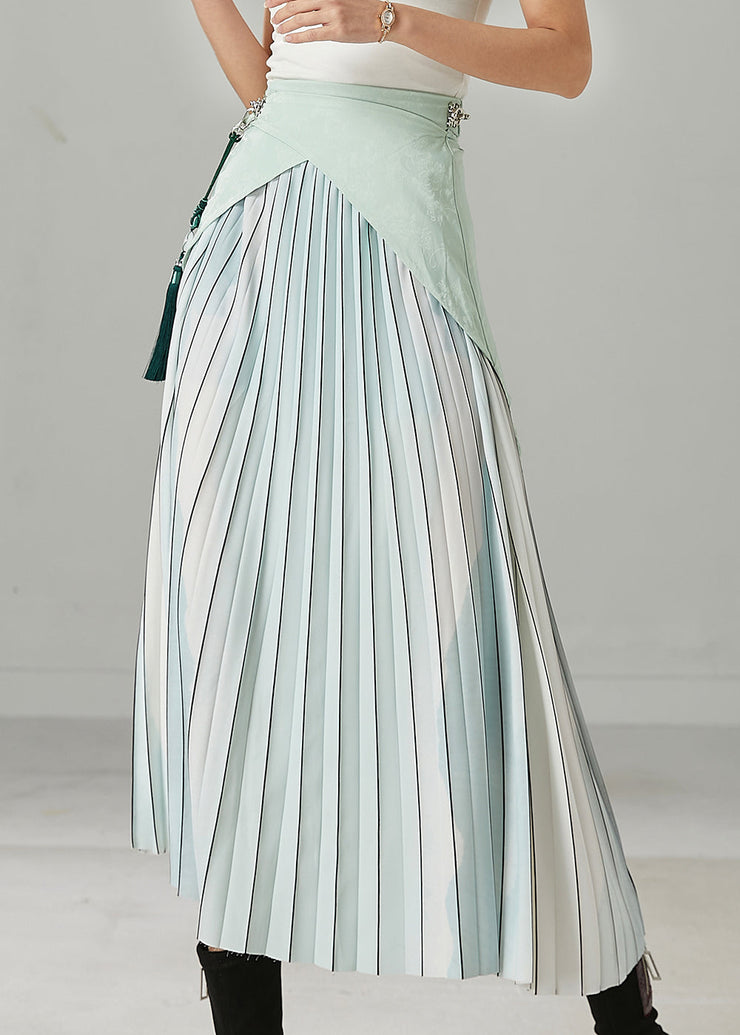 Modern Sky Blue Striped Patchwork Silk Pleated Skirts Spring