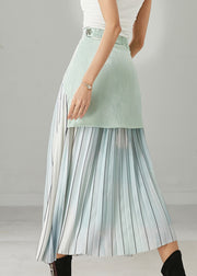 Modern Sky Blue Striped Patchwork Silk Pleated Skirts Spring