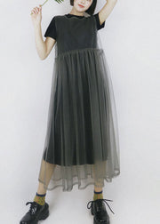 Modern Solid Color Grey O-Neck Patchwork Tulle Dress Long Smock Sleeveless