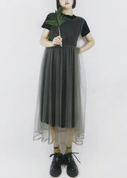 Modern Solid Color Grey O-Neck Patchwork Tulle Dress Long Smock Sleeveless