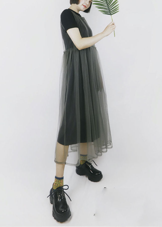 Modern Solid Color Grey O-Neck Patchwork Tulle Dress Long Smock Sleeveless