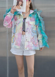 Modern Stand Collar Sequins Tulle Patchwork Nail Bead Button Denim Coats Fall