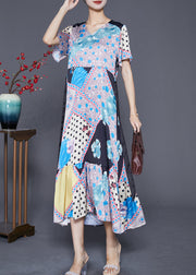 Modern V Neck Ruffles Patchwork Print Silk Dress Summer