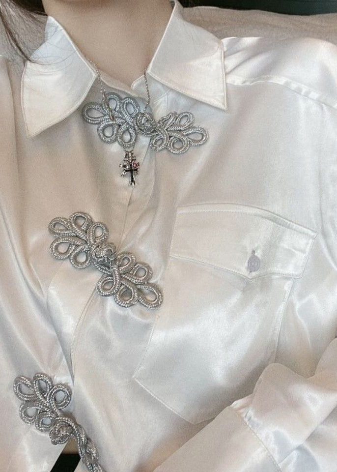 Modern White Asymmetrical Chinese Button Silk Blouse Tops Fall