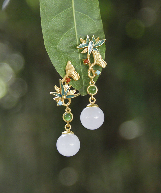 Modern White Asymmetrical Lotus Jade Drop Earrings