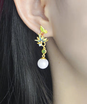 Modern White Asymmetrical Lotus Jade Drop Earrings