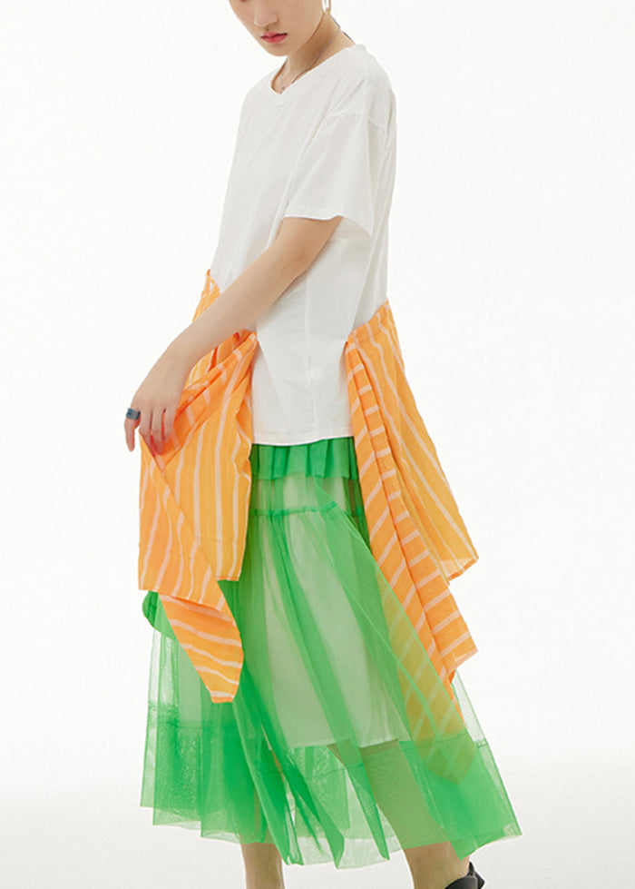 Modern White Asymmetrical Patchwork Tulle Cotton Long Tops Summer