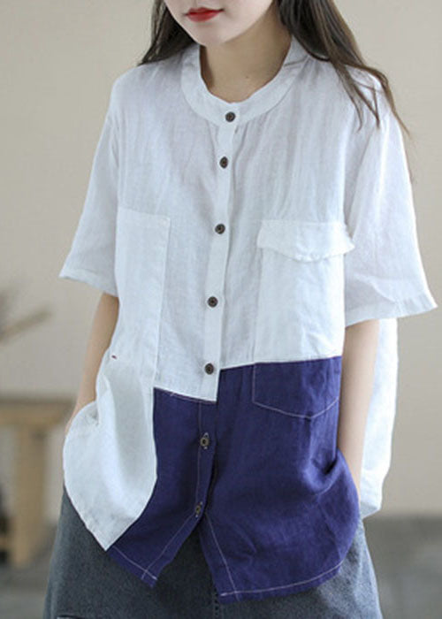 Modern White Blue O-Neck Patchwork Linen Blouse Tops Short Sleeve