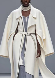 Modern White Cinched Woolen Fake Two Piece Trench Coat Fall