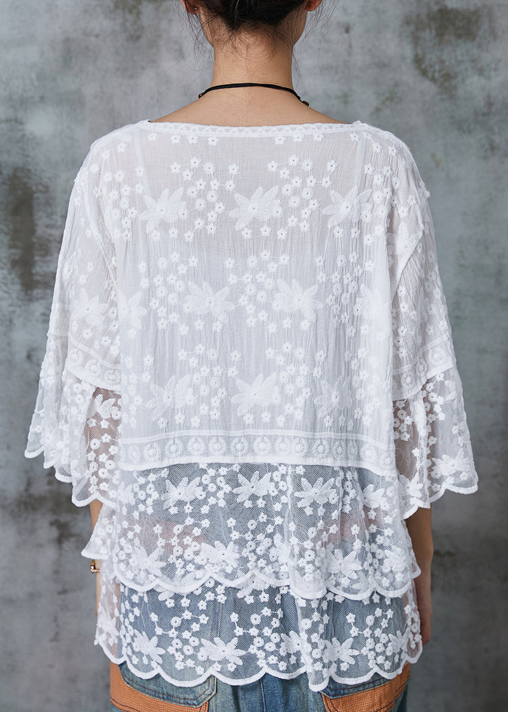 Modern White Embroidered Lace Shirts Half Sleeve