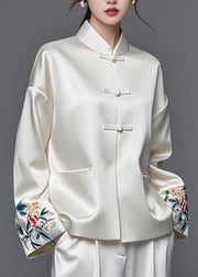 Modern White Embroidered Patchwork Silk Cotton Fall Coats