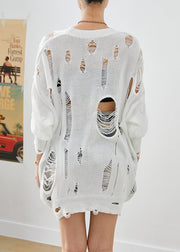 Modern White Hollow Out Knit Ripped Tops Fall