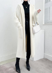 Modern White Hooded Pockets Mink Hair Knitted Cardigan Fall