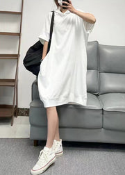 Modern White Hooded Pockets Patchwork Cotton Dresses Summer