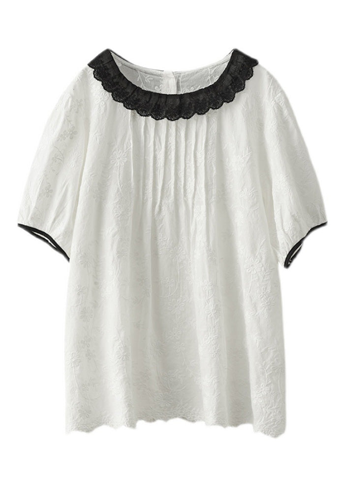 Modern White O-Neck Embroideried Patchwork Wrinkled Cotton Top Short Sleeve