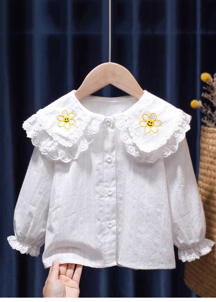 Modern White O-Neck Lace Patchwork Kids Shirt Long Sleeve