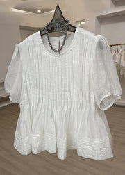 Modern White O-Neck Wrinkled Patchwork Top Short Sleeve