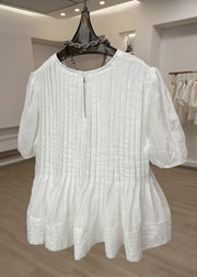 Modern White O-Neck Wrinkled Patchwork Top Short Sleeve