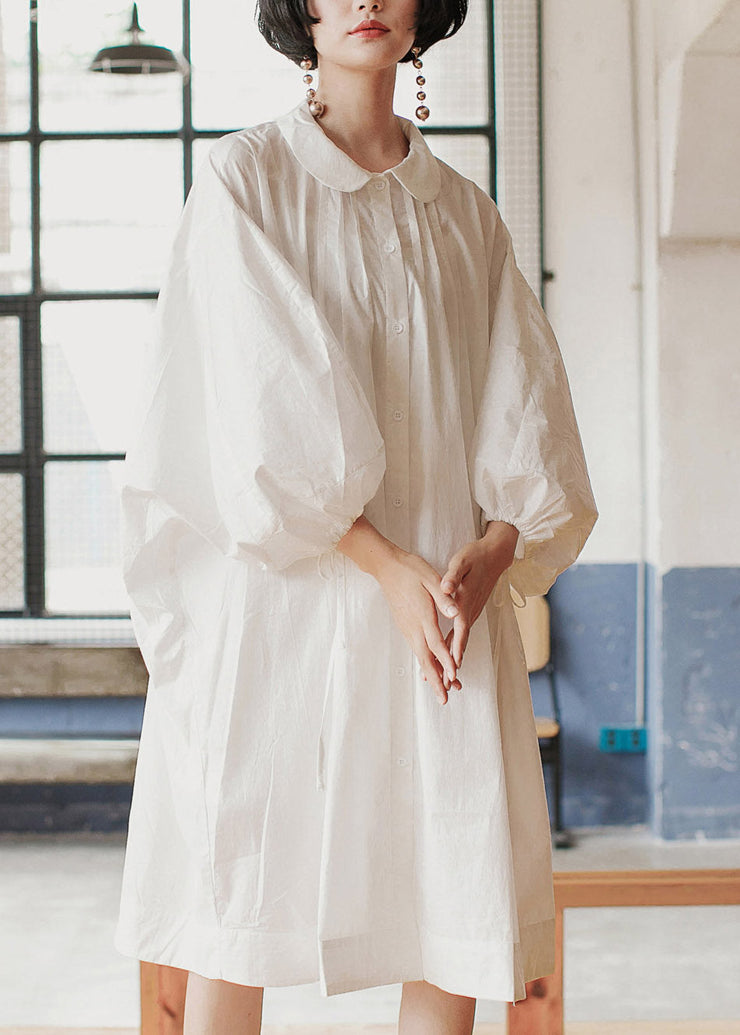 Modern White Peter Pan Collar Button Cotton Long Dress Long Sleeve