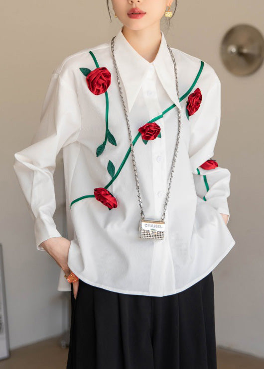 Modern White Peter Pan Collar Floral Button Cotton Shirt Spring