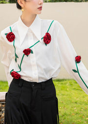 Modern White Peter Pan Collar Floral Button Cotton Shirt Spring