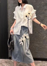 Modern White Peter Pan Collar Floral Shirts And Denim Skirts Two Pieces Set Short Sleeve