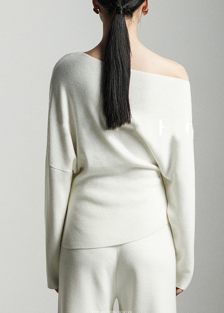 Modern White Slash Neck Woolen Knit Pullover Batwing Sleeve